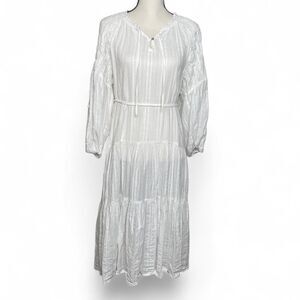 Auguste 100% Cotton White Tiered Midi Dress Floral Ruffle Puff Sleeves Size 4